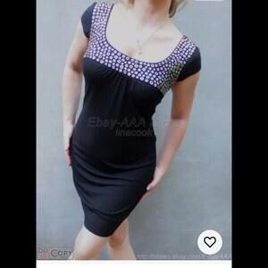 👗⚫️CACHE Dress Sheath Bodycon Black Cap Sleeve Size M Metal Detail Yoke